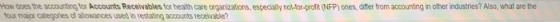 How does the accouuniting for Accounts Receivables tor health care organizalions, especially no-for-proft (NFP) ones, ditfer