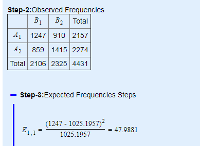 Step-2:Observed Frequencies Bi Bi Total 41 1247 910 2157 42 859 1415 2274 Total 2106 2325 4431 - Step-3:Expected Frequencies