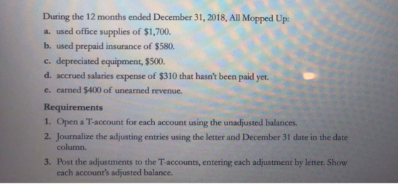 During the 12 months ended December 31, 2018, All Mopped Up: a. used office supplies of $1,700. b. used prepaid insurance of