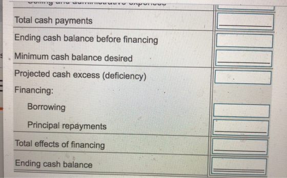 wwwy we wwwwwwwwwwwwvoorporu Total cash payments Ending cash balance before financing Minimum cash balance desired Projected