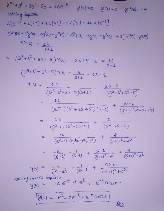 y + y + 3y-5y = 16e-t. y (0)=0 y (0)=2 y (0)=-4 taking laplace L[yll] + 2[y] + 32[41] - 52[y] = 162 [et]. S3 YIS) - sºylo)