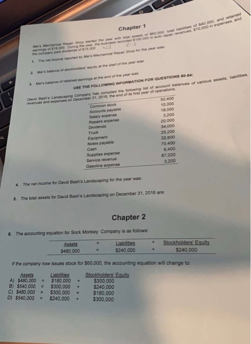 Chapter 1 S TO 000 in B abies of $40.000, and retained revenues ST0 000 inexpenses, and 200 Mars Mechanical Repas Shop starte