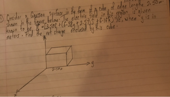 1 Consider a Gausson surface in the form of a cube of edge leng the 2.50 m. given y is in shown in knоn tо bе, а re below. Th