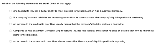 Which of the following statements are true? Check all that apply. Jing Foodstuffs Inc. has a better ability to meet its short