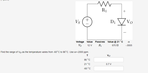 Vs Vo Voltage Value Passives Value @ 21 °C a 670 Ω -O005 Find the range of Vo as the temperature varies from-60°C to 86°C. Use a-2000 ppm. Vo 86 °C 21°C -60°C 0.7 V