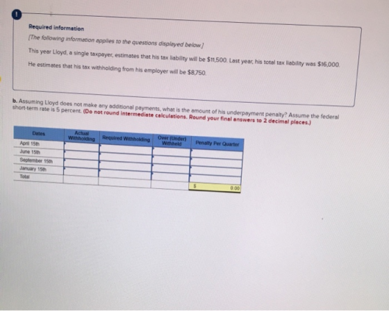 Required information [The following information applies to the questions displayed below) This year Lloyd, a single taxpayer,