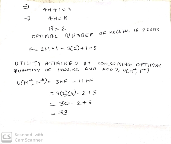 - 4H + 1 = $ => 4H=8 H=2 OPTIMAL NUMBER OF HOUSING IS 2 UNITS FS 2H+) = 22)+1= 5 UTILITY ATTAINED BY QUANTITY OF HOUSING AND