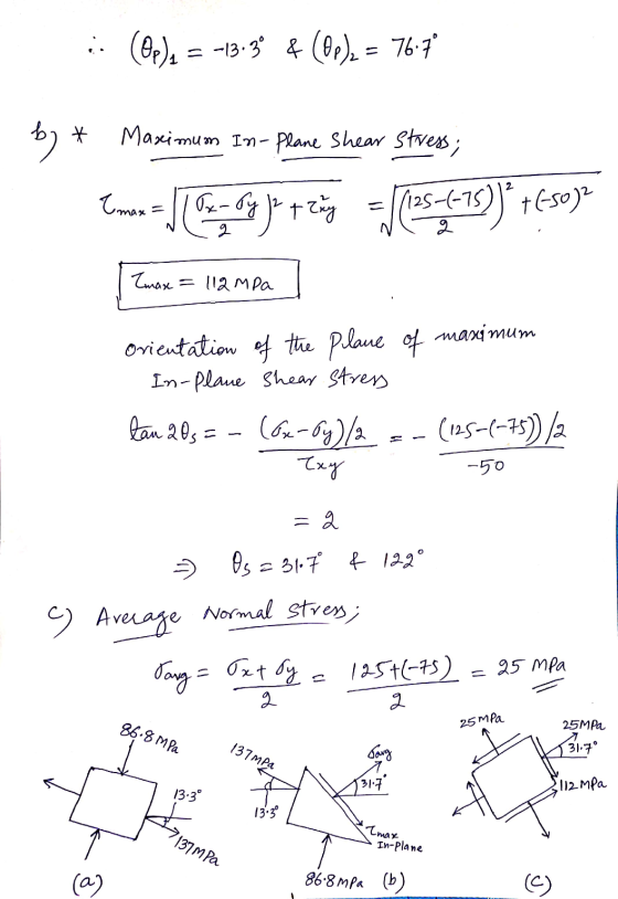 (OP)] = -13.39 € (08) = 76.7° b)* mum In-P Maximum In- Plane Shear stress; mon - 1 G - og det er ing = f(25-4-15))* 7450)? Zm