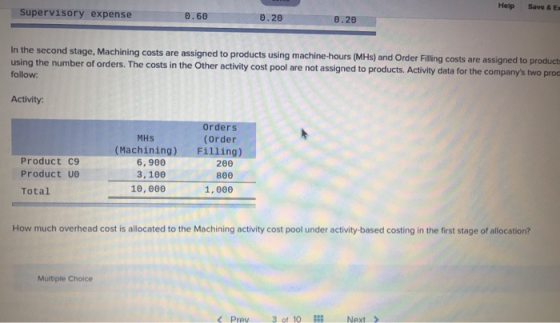 Help Save & E Supervisory expense 0.60 0.20 0.20 In the second stage, Machining costs are assigned to products using machine-