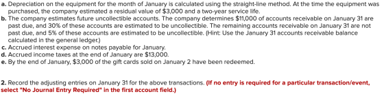 a. Depreciation on the equipment for the month of January is calculated using the straight-line method. At the time the equip