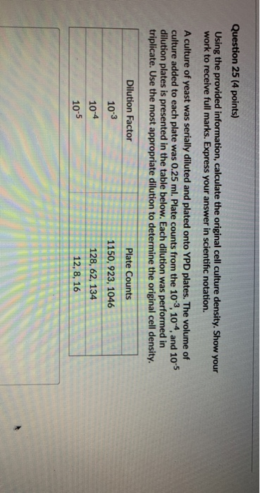 Question 25 (4 points) Using the provided information, calculate the original cell culture density. Show your work to receive