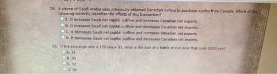 24. A citizen of Saudi Arabia uses previously obtained Canadian dollars to purchase apples from Canada. Which of them followi
