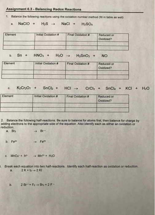 Assignment 6.3-Balancing Redox Reactions 1 Balance the following reactions using the oxidation number method (fill in table as wel) a. NaClO+ H2S ? NaCl+ H2SO4 Element Initial Oxidation # Final Oxidation # Reduced or Oxidized? Element initial Oxidation # Final Oxidation # Reduced or Oxidized? K2Cr:07 + SnCl2 + HCl? CrCb + SnCl4 + KCl + H2O Element Initial Oxidation # Final Oodation # Reduced or Oxidized? 2. Balance the following half-reactions. Be sure to balance for atoms first, then balance for charge by adding electrons to the appropriate side of the equation. Also identify each as either an oxidation or reduction. a. Br2 Br- b. Fe c. MnO4-+ H+ ? Mrp> + H2O Break each equation into two half-reactions. Identify each half-reaction as oxidation or reduction. a.