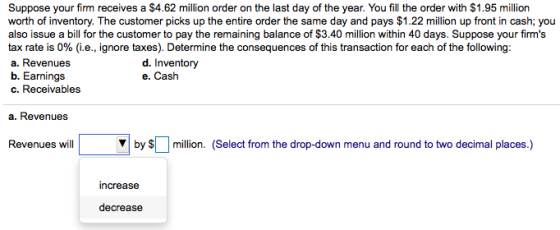 Suppose your firm receives a $4.62 million order on the last day of the year. You fill the order with $1.95 million worth of inventory. The customer picks up the entire order the same day and pays $1.22 million up front in cash; you also issue a bill for the customer to pay the remaining balance of $3.40 million within 40 days. Suppose your firms tax rate is 0% (ie., ignore taxes). Determine the consequences of this transaction for each of the following: a. Revenues b. Earnings c. Receivables d. Inventory e. Cash a. Revenues Revenues will by Smillion. (Select from the drop-down menu and round to two decimal places.) increase decrease