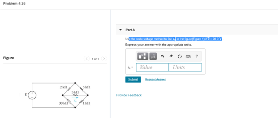 Problem 4.26 Part A Use the node-voltage method to find i in the figure(Figure 1) if v = 28.0 V Express your answer with the