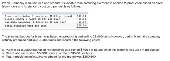 Preble Company manufactures one product. Its variable manufacturing overhead is applied to production based on direct labor-h