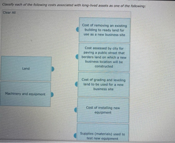 Classify each of the following costs associated with long-lived assets as one of the following: Clear All Cost of removing an
