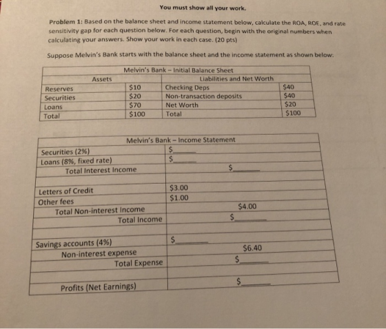 You must show all your work. Problem 1: Based on the balance sheet and income statement below, calculate the ROA, ROE, and ra