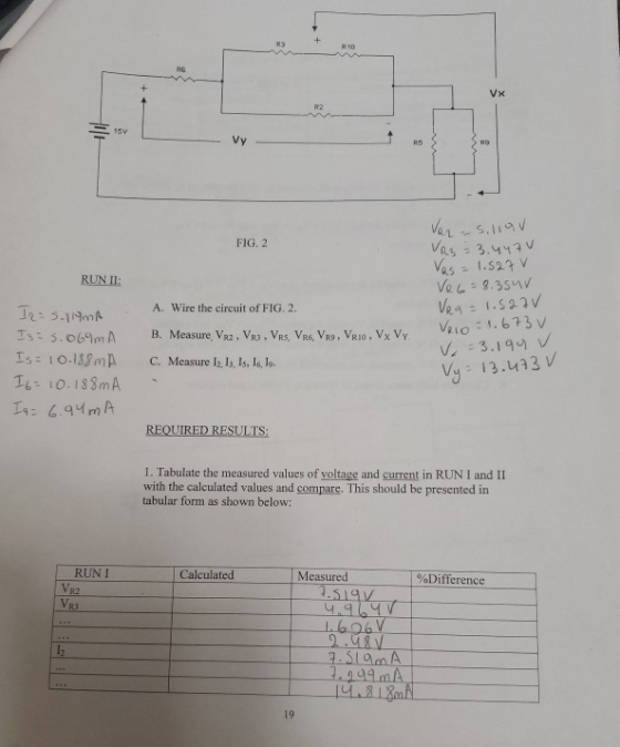 Vy FIG. 2 RUN II: Var-s.1198 VR3 = 3.447V Ves = 1.527V Ve6= 8.35ur Veg = 1.522V VRLO = 1.673 v V =3.194 V A. Wire the circuit