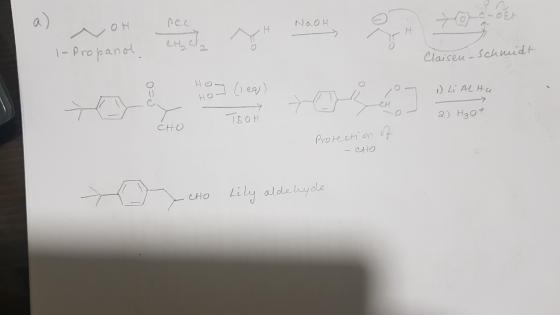 OH NaOH pee etto lopropanol Claisen-Schmidt o] (legg) 1) L. ALHU Y кон OH 2) Hot сно Protection of - CHO Ho Lily aldehyde - H