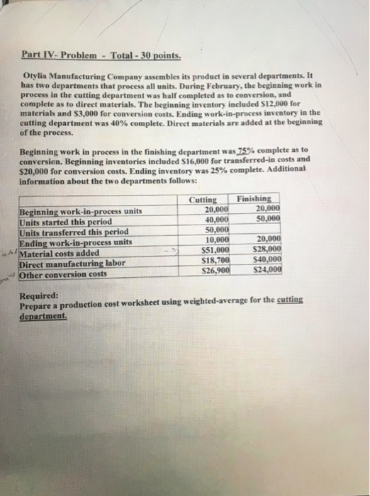 Part IV. Problem - Total - 30 points. Otylia Manufacturing Company assembles its product in several departments. It has two d
