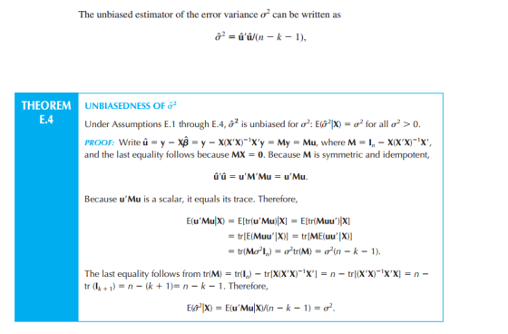 The unbiased estimator of the error variance ơ can be written as UNBIASEDNESS OF Ơ2 Under Assumptions E.1 through E.4, ớ2 is
