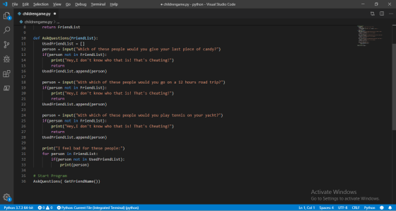 File Edit Selection View Go Debug Terminal Help • childrengame.py - python - Visual Studio Code - 0 11 X . childrengame.py •