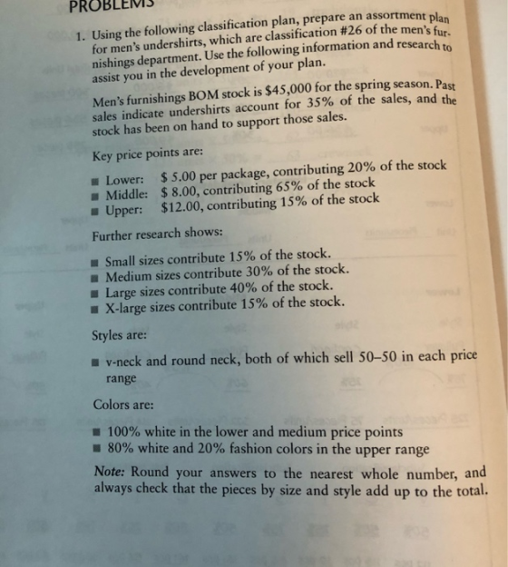 PR 1. Using the following classification plan, prepare an assortment plan for mens undershirts, which are classification #26