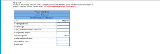 Required: Compute the missing amounts on the companys financial statements. (Hint: Whats the difference between the acid-te