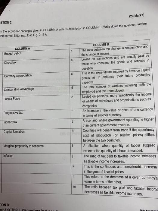 (20 Marks) ESTION 2 en the economic concepts given in COLUMN A with its description in COLUMN B. Write down the question numb