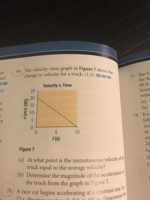 69. Th e velocity-time graph in Figure 7 shows change in velocity for a truck,(1.1) Velocity v. Time 77. The C the St 98 m horiz initia ct 25 1 20 15 E 10 78. For ce foll sou as an 24 10 t (s) Figure 7 (a) At what point is the instantaneous velocity o truck equal to the average velocity? (b) Determine the magnitude of the acceleratiom the truck from the graph in Figure 7. 70, A race car begins accelerating at a constant In 25 s the uual TX 10 m. Determin