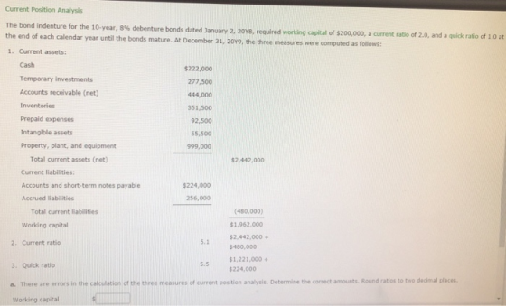Current Position Analysis The bond indenture for the 10-year, 8% debenture bonds dated January 2, 2048, required working capi