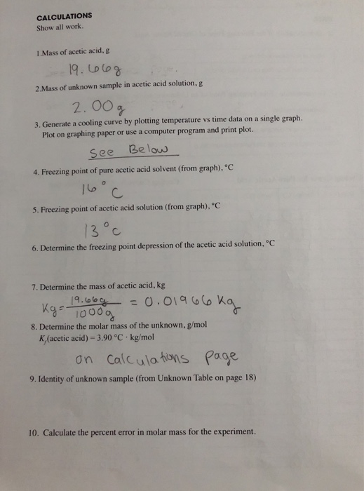 CALCULATIONS Show all work. 1. Mass of acetic acid, g 19.66g 2. Mass of unknown sample in acetic acid solution.g 2.00 g 3. Ge