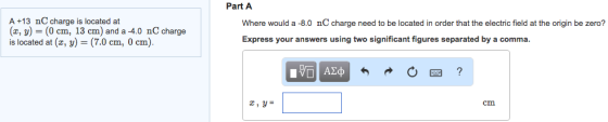 A +13 nC charge is located at (x, y) = (0 cm, 13 c