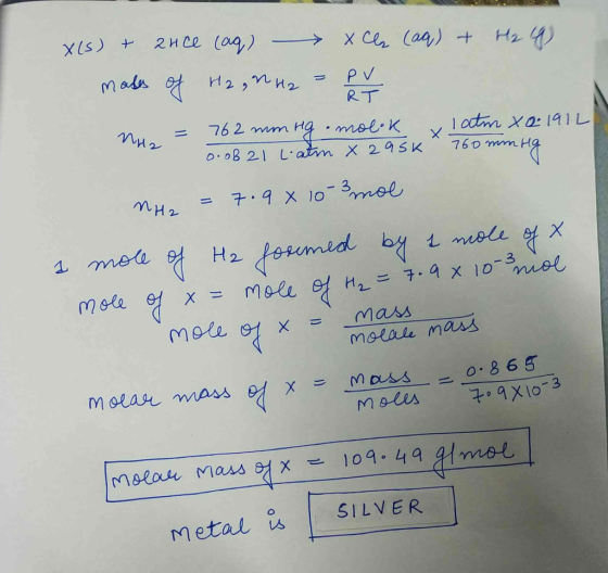 2H Ce (ag) XIs) + X Ce (aa) + H Mada PV RT 2 76 2 mm mmol k 0.0821 L.atm X 295K 1odtm Xa191L 760 mmr 7.9 x 10mol Lormed by tm