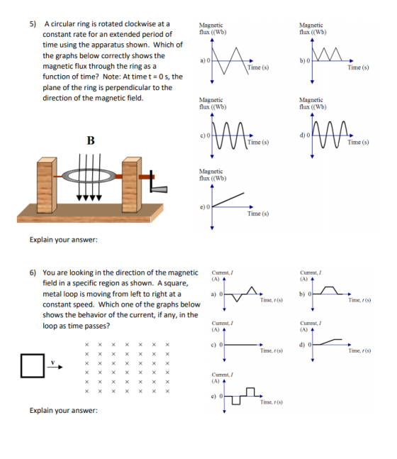 5) Magnetic flux ((Wb) Magnetic flux ((Wb) A circular ring is rotated clockwise at a constant rate for an extended period of