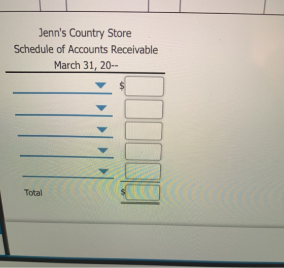 Jenns Country Store Schedule of Accounts Receivable March 31, 20-- Total