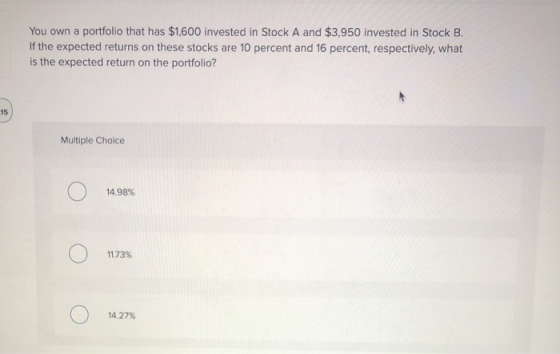 You own a portfolio that has $1,600 invested in Stock A and $3,950 invested in Stock B. If the expected returns on these stoc