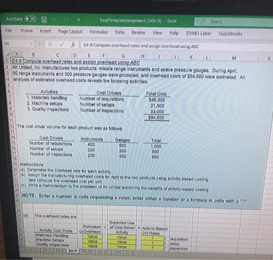 Search AutoSave OP H File Home U B Insert Page Layout ExcelTemplateAssignment_ChO4 (5) - Excel Formulas Data Review View Help