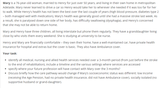 Mary is a 76-year-old woman, married to Henry for just over 50 years, and living in their own home in metropolitan Adelaide.