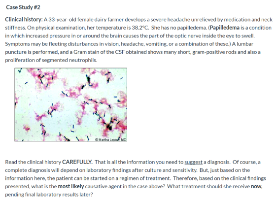 Case Study #2 Clinical history:A 33-year-old female dairy farmer develops a severe headache unrelieved by medication and neck