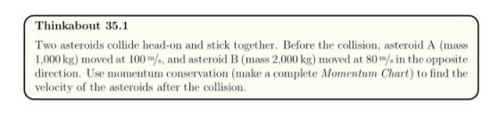 Thinkabout 35.1 Two asteroids collide head-on and stick together. Before the collision, asteroid A (mass 1,000 kg) moved at 1