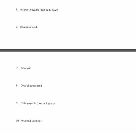 5. Interest Payable (due in 30 days) 6. Common stock 7. Goodwill 8. Cost of goods sold 9. Note payable (due in 2 years) 10. R