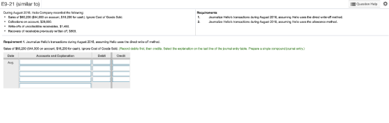 E9-21 (similar to) IE Question Help During August 2019, Hclo Company recorded the following: Sales of $60,200 (344,000 on acc