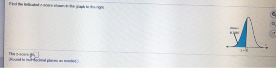 Find the indicated 2-score shown in the graph to the right Area 0.3897 20 The 2-scorer (Round to two decimal places as needed
