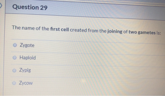 Question 29 The name of the first cell created from the joining of two gametes is: Zygote Haploid Zypig Zycow