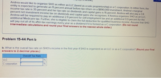 Andrea would like to organize SHO as either an LLC (taxed as a sole proprietorship) or a C corporation. In either form, the e