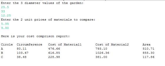 Enter the 3 diameter values of the garden: 25.5 12.25 Enter the 2 unit prices of materials to compare: 5.95 9.90 Here 13 your