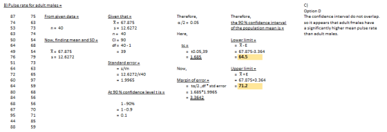 B) Pulse rate for adult males From given data = Therefore, a/2 = 0.05 Therefore, the 90% confidence interval of the populatio