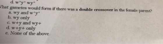 d. wtyt wyt That gametes would form if there was a double crossover in the female parent? a. wy and wty+ b. wy only c. w+y an